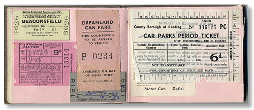 Photograph of car park tickets in open album