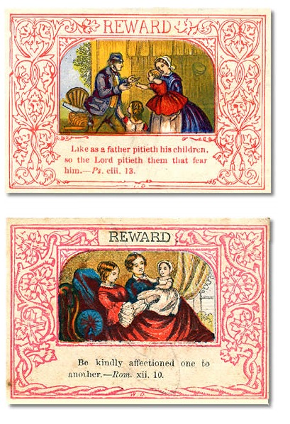 Images of two small Reward of Merit cards c1867