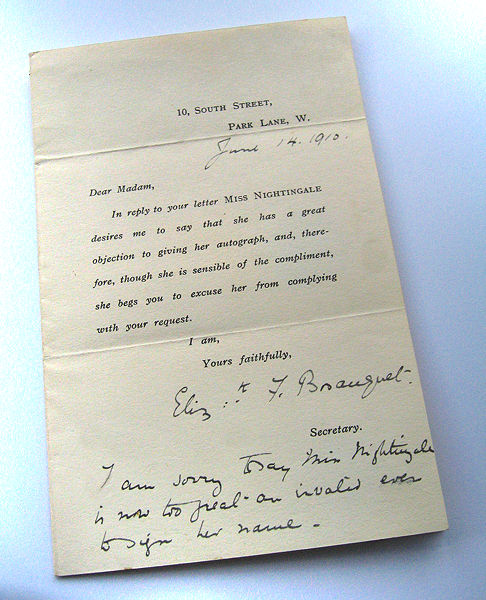 Image of printed letter from Florence Nightingale's residence 1910
