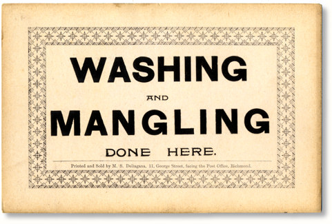 Image of window card for Washing and Mangling Done Here