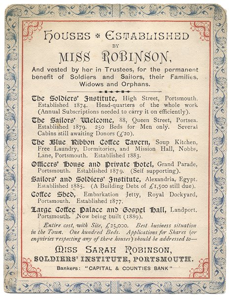 Image of card detailing houses established by Miss Robinson