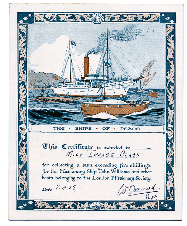 London Missionary Society certificate 1928